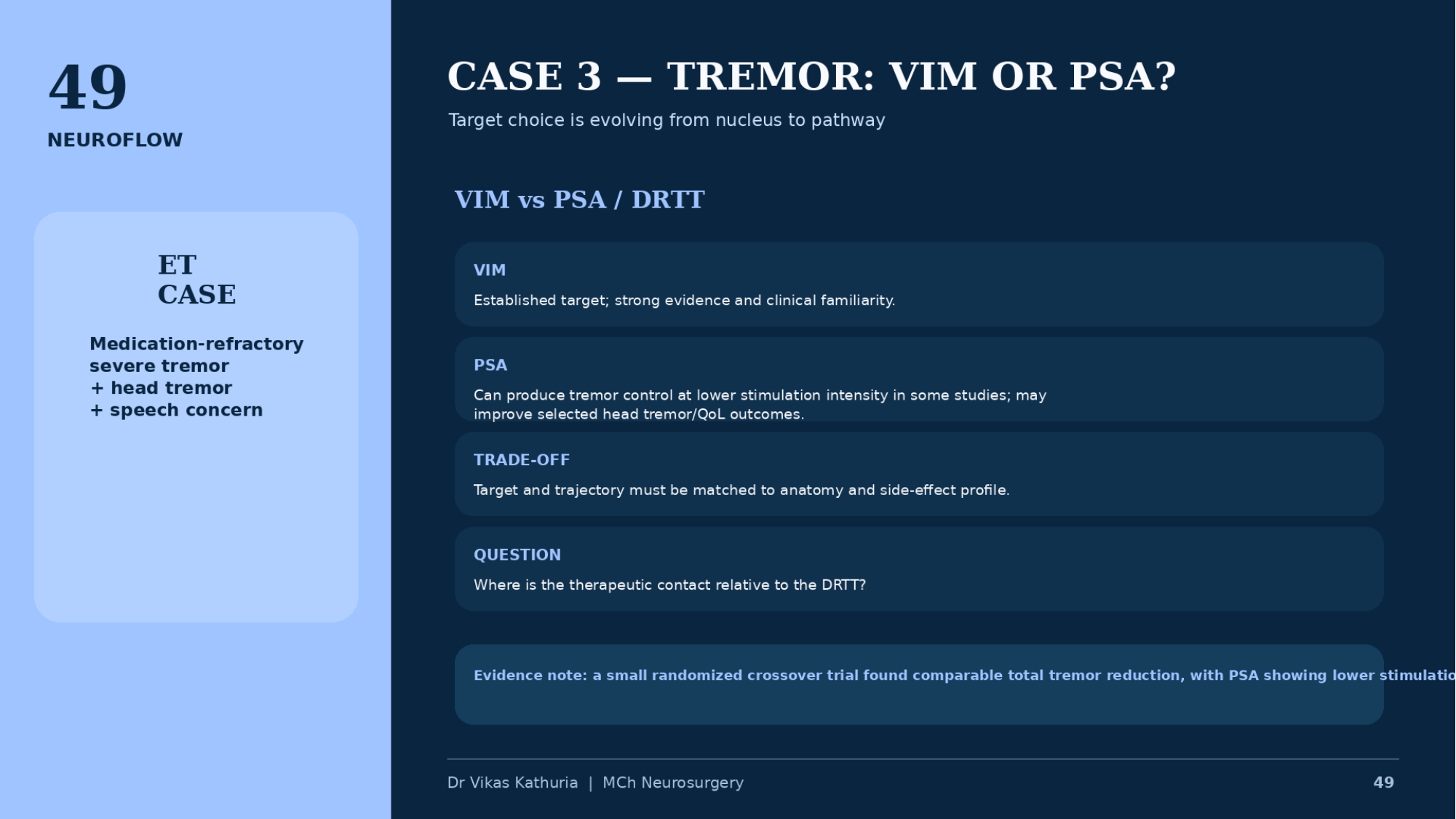 Original lecture slide 49, Case 3, tremor, VIM or PSA, with an essential tremor case panel and VIM, PSA, trade-off and question cards
