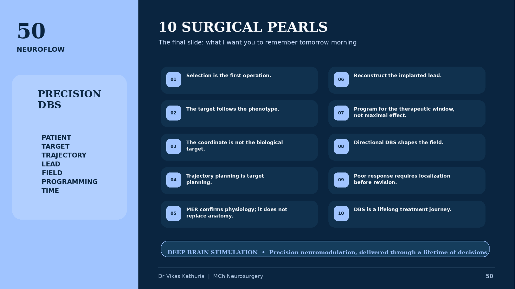 Original lecture slide 50, 10 surgical pearls, with the precision DBS framework panel and the closing statement